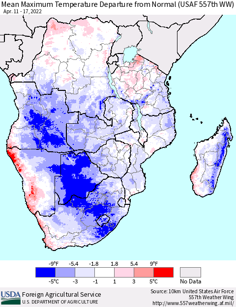 Southern Africa Mean Maximum Temperature Departure from Normal (USAF 557th WW) Thematic Map For 4/11/2022 - 4/17/2022