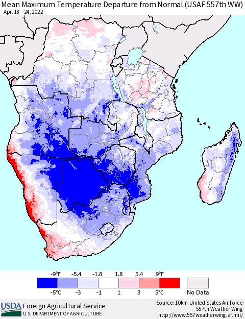 Southern Africa Mean Maximum Temperature Departure from Normal (USAF 557th WW) Thematic Map For 4/18/2022 - 4/24/2022