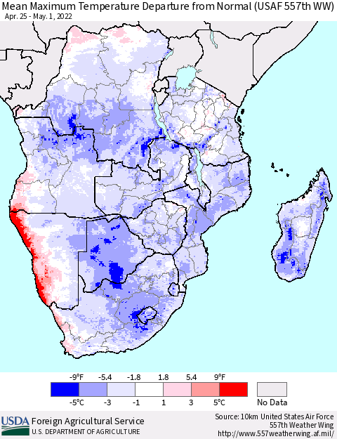 Southern Africa Mean Maximum Temperature Departure from Normal (USAF 557th WW) Thematic Map For 4/25/2022 - 5/1/2022