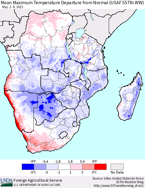 Southern Africa Mean Maximum Temperature Departure from Normal (USAF 557th WW) Thematic Map For 5/2/2022 - 5/8/2022