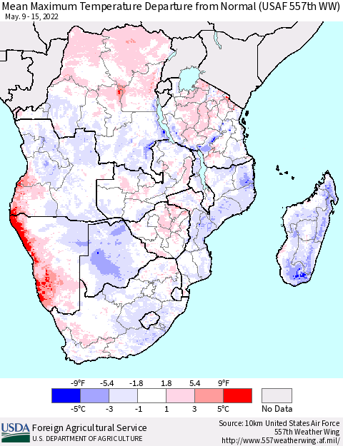Southern Africa Mean Maximum Temperature Departure from Normal (USAF 557th WW) Thematic Map For 5/9/2022 - 5/15/2022