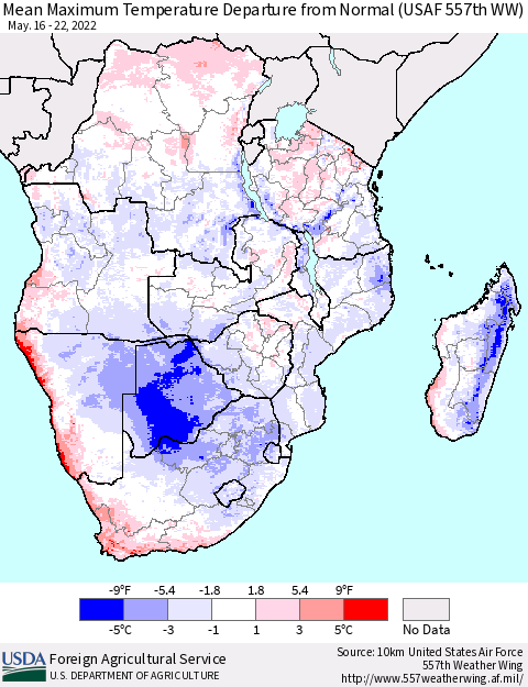 Southern Africa Mean Maximum Temperature Departure from Normal (USAF 557th WW) Thematic Map For 5/16/2022 - 5/22/2022