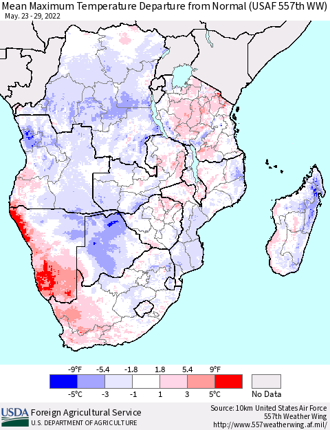 Southern Africa Mean Maximum Temperature Departure from Normal (USAF 557th WW) Thematic Map For 5/23/2022 - 5/29/2022