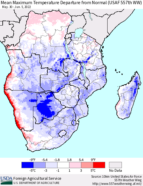 Southern Africa Mean Maximum Temperature Departure from Normal (USAF 557th WW) Thematic Map For 5/30/2022 - 6/5/2022