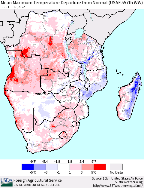 Southern Africa Mean Maximum Temperature Departure from Normal (USAF 557th WW) Thematic Map For 7/11/2022 - 7/17/2022