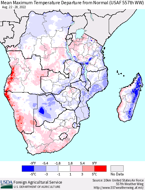Southern Africa Mean Maximum Temperature Departure from Normal (USAF 557th WW) Thematic Map For 8/22/2022 - 8/28/2022