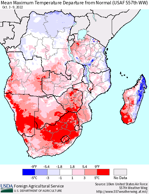 Southern Africa Mean Maximum Temperature Departure from Normal (USAF 557th WW) Thematic Map For 10/3/2022 - 10/9/2022
