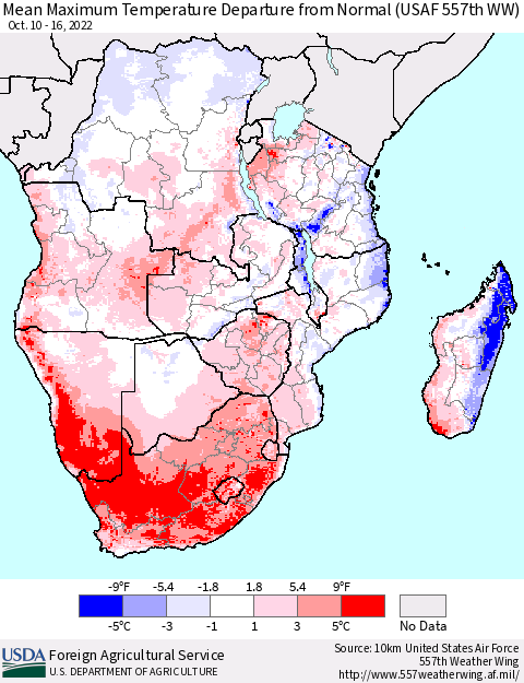 Southern Africa Mean Maximum Temperature Departure from Normal (USAF 557th WW) Thematic Map For 10/10/2022 - 10/16/2022