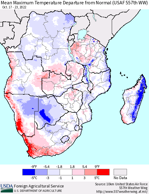 Southern Africa Mean Maximum Temperature Departure from Normal (USAF 557th WW) Thematic Map For 10/17/2022 - 10/23/2022