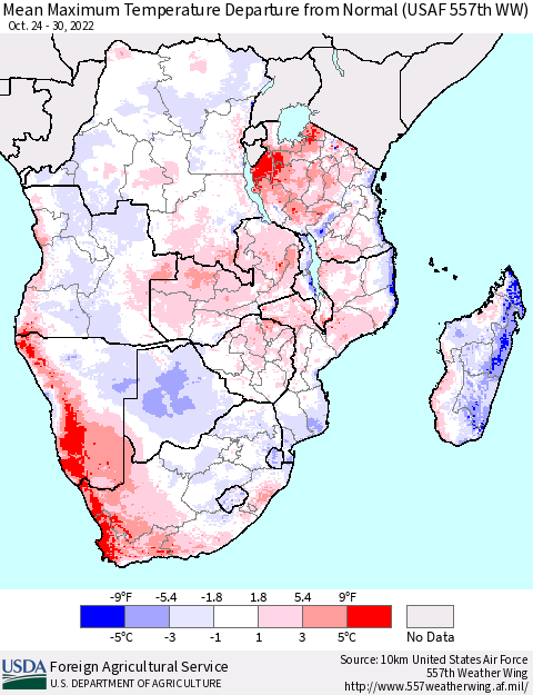 Southern Africa Mean Maximum Temperature Departure from Normal (USAF 557th WW) Thematic Map For 10/24/2022 - 10/30/2022