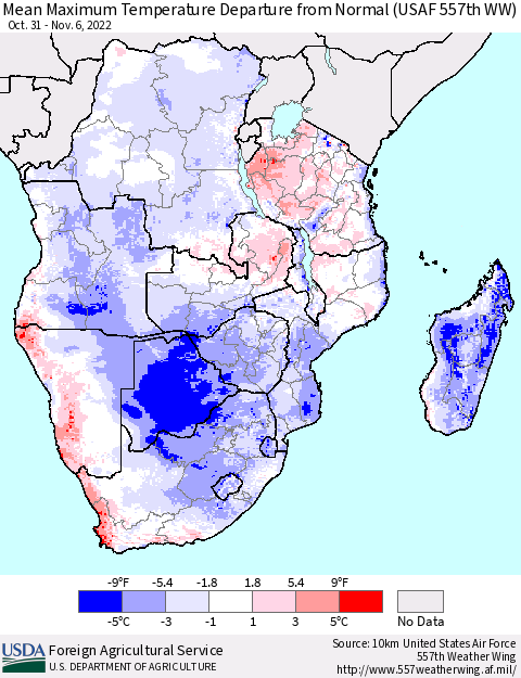 Southern Africa Mean Maximum Temperature Departure from Normal (USAF 557th WW) Thematic Map For 10/31/2022 - 11/6/2022