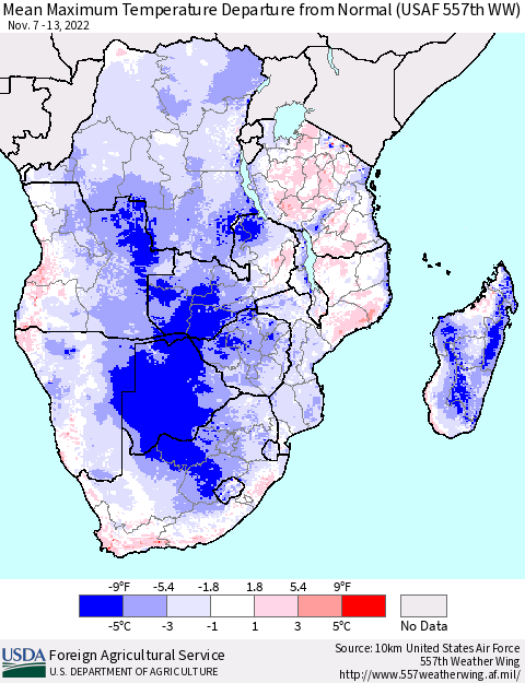 Southern Africa Mean Maximum Temperature Departure from Normal (USAF 557th WW) Thematic Map For 11/7/2022 - 11/13/2022