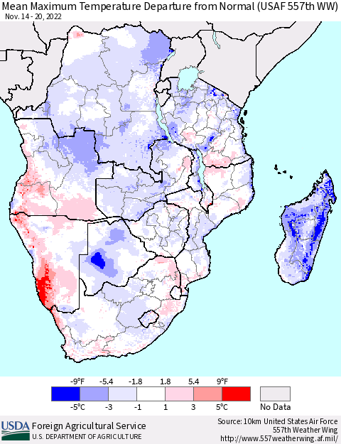 Southern Africa Mean Maximum Temperature Departure from Normal (USAF 557th WW) Thematic Map For 11/14/2022 - 11/20/2022