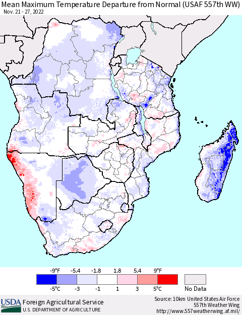 Southern Africa Mean Maximum Temperature Departure from Normal (USAF 557th WW) Thematic Map For 11/21/2022 - 11/27/2022