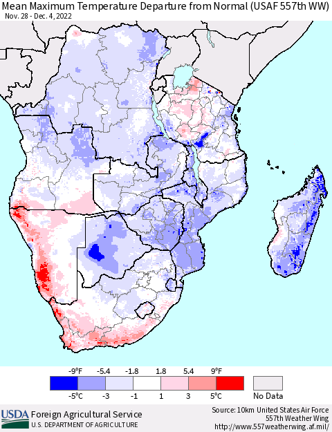 Southern Africa Mean Maximum Temperature Departure from Normal (USAF 557th WW) Thematic Map For 11/28/2022 - 12/4/2022