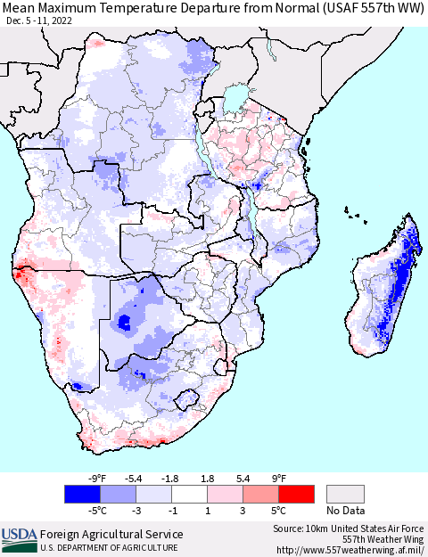 Southern Africa Mean Maximum Temperature Departure from Normal (USAF 557th WW) Thematic Map For 12/5/2022 - 12/11/2022