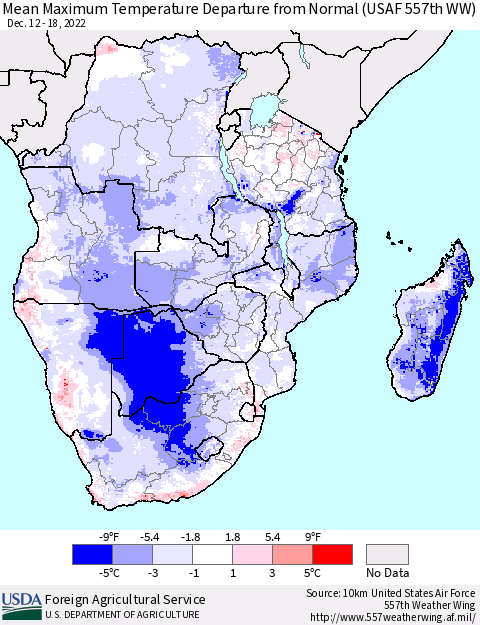 Southern Africa Mean Maximum Temperature Departure from Normal (USAF 557th WW) Thematic Map For 12/12/2022 - 12/18/2022