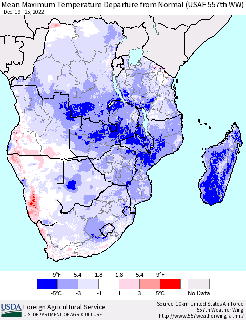 Southern Africa Mean Maximum Temperature Departure from Normal (USAF 557th WW) Thematic Map For 12/19/2022 - 12/25/2022