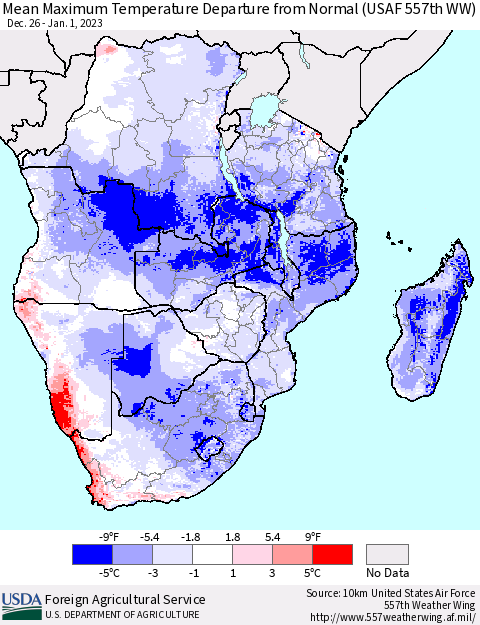 Southern Africa Mean Maximum Temperature Departure from Normal (USAF 557th WW) Thematic Map For 12/26/2022 - 1/1/2023