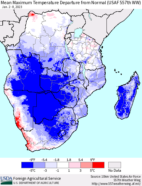 Southern Africa Mean Maximum Temperature Departure from Normal (USAF 557th WW) Thematic Map For 1/2/2023 - 1/8/2023