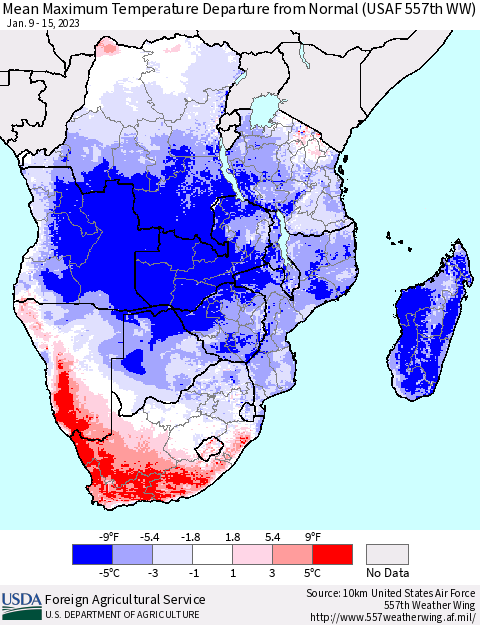 Southern Africa Mean Maximum Temperature Departure from Normal (USAF 557th WW) Thematic Map For 1/9/2023 - 1/15/2023