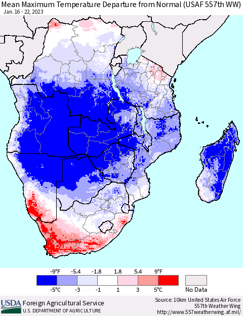 Southern Africa Mean Maximum Temperature Departure from Normal (USAF 557th WW) Thematic Map For 1/16/2023 - 1/22/2023
