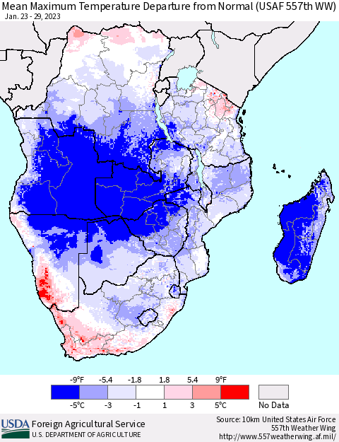 Southern Africa Mean Maximum Temperature Departure from Normal (USAF 557th WW) Thematic Map For 1/23/2023 - 1/29/2023
