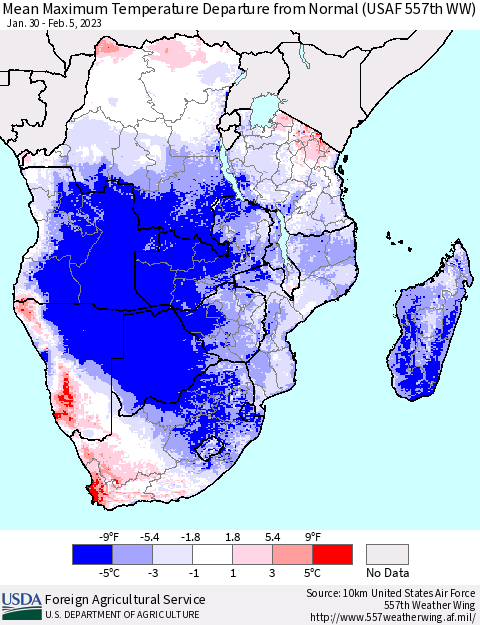 Southern Africa Mean Maximum Temperature Departure from Normal (USAF 557th WW) Thematic Map For 1/30/2023 - 2/5/2023