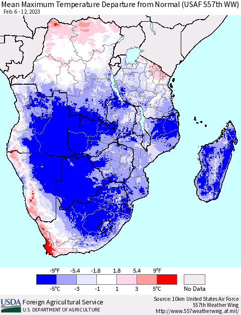Southern Africa Mean Maximum Temperature Departure from Normal (USAF 557th WW) Thematic Map For 2/6/2023 - 2/12/2023