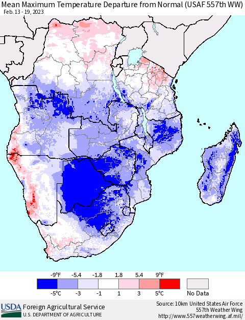 Southern Africa Mean Maximum Temperature Departure from Normal (USAF 557th WW) Thematic Map For 2/13/2023 - 2/19/2023