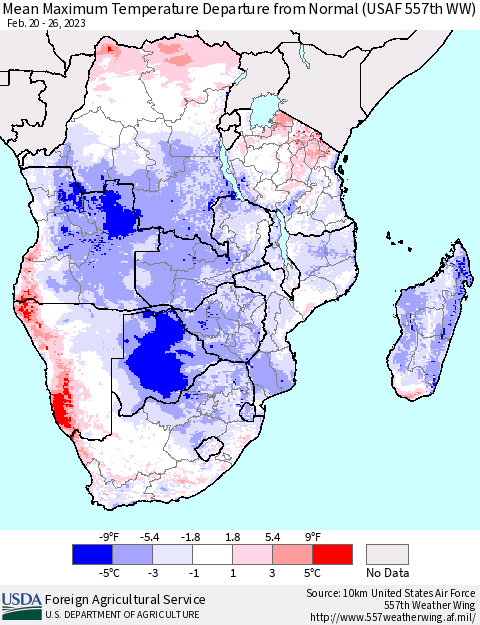Southern Africa Mean Maximum Temperature Departure from Normal (USAF 557th WW) Thematic Map For 2/20/2023 - 2/26/2023