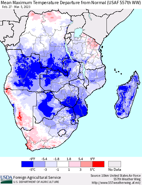 Southern Africa Mean Maximum Temperature Departure from Normal (USAF 557th WW) Thematic Map For 2/27/2023 - 3/5/2023