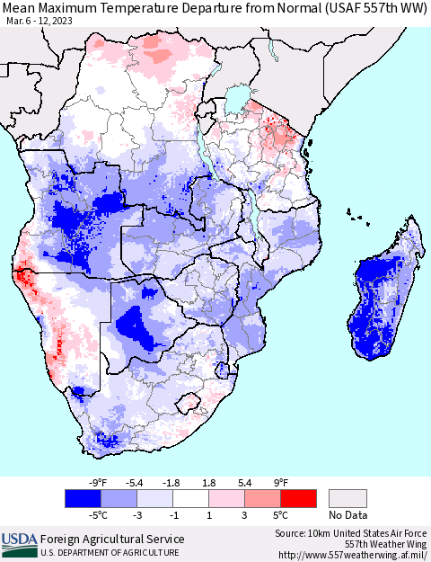 Southern Africa Mean Maximum Temperature Departure from Normal (USAF 557th WW) Thematic Map For 3/6/2023 - 3/12/2023