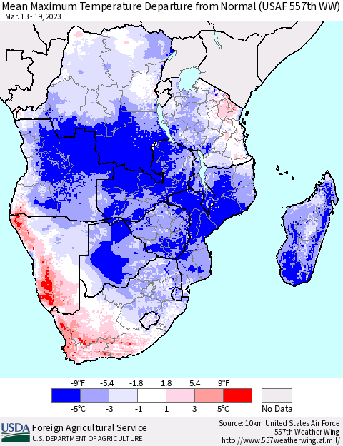 Southern Africa Mean Maximum Temperature Departure from Normal (USAF 557th WW) Thematic Map For 3/13/2023 - 3/19/2023