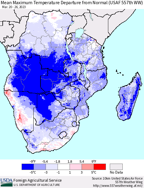 Southern Africa Mean Maximum Temperature Departure from Normal (USAF 557th WW) Thematic Map For 3/20/2023 - 3/26/2023