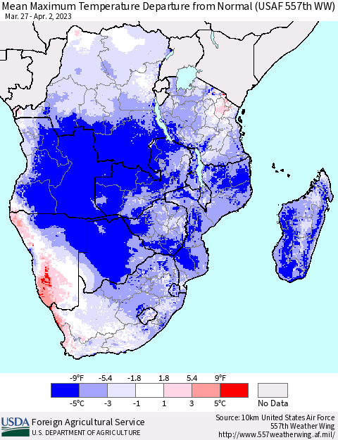 Southern Africa Mean Maximum Temperature Departure from Normal (USAF 557th WW) Thematic Map For 3/27/2023 - 4/2/2023