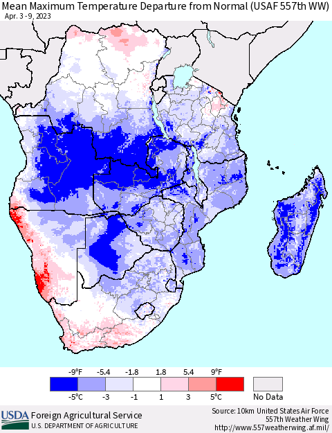 Southern Africa Mean Maximum Temperature Departure from Normal (USAF 557th WW) Thematic Map For 4/3/2023 - 4/9/2023