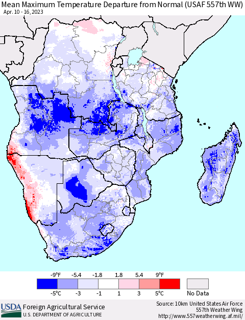 Southern Africa Mean Maximum Temperature Departure from Normal (USAF 557th WW) Thematic Map For 4/10/2023 - 4/16/2023