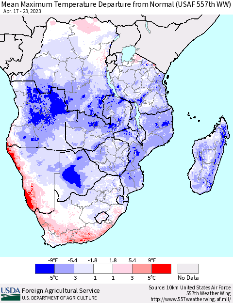 Southern Africa Mean Maximum Temperature Departure from Normal (USAF 557th WW) Thematic Map For 4/17/2023 - 4/23/2023