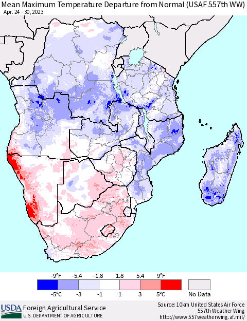 Southern Africa Mean Maximum Temperature Departure from Normal (USAF 557th WW) Thematic Map For 4/24/2023 - 4/30/2023