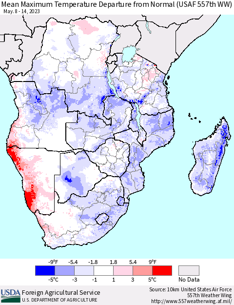 Southern Africa Mean Maximum Temperature Departure from Normal (USAF 557th WW) Thematic Map For 5/8/2023 - 5/14/2023