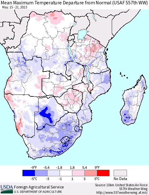 Southern Africa Mean Maximum Temperature Departure from Normal (USAF 557th WW) Thematic Map For 5/15/2023 - 5/21/2023