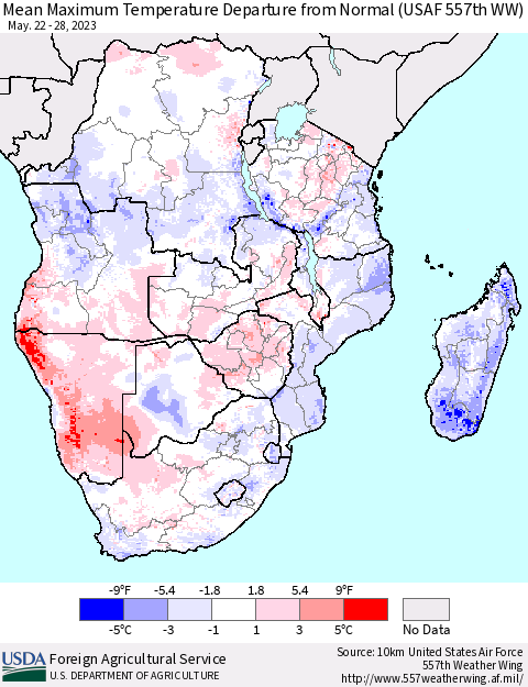 Southern Africa Mean Maximum Temperature Departure from Normal (USAF 557th WW) Thematic Map For 5/22/2023 - 5/28/2023