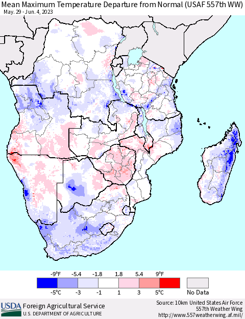 Southern Africa Mean Maximum Temperature Departure from Normal (USAF 557th WW) Thematic Map For 5/29/2023 - 6/4/2023