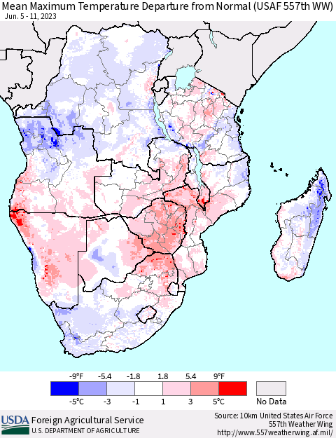 Southern Africa Mean Maximum Temperature Departure from Normal (USAF 557th WW) Thematic Map For 6/5/2023 - 6/11/2023