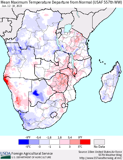 Southern Africa Mean Maximum Temperature Departure from Normal (USAF 557th WW) Thematic Map For 6/12/2023 - 6/18/2023