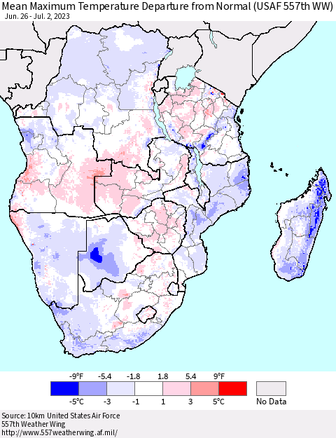 Southern Africa Mean Maximum Temperature Departure from Normal (USAF 557th WW) Thematic Map For 6/26/2023 - 7/2/2023
