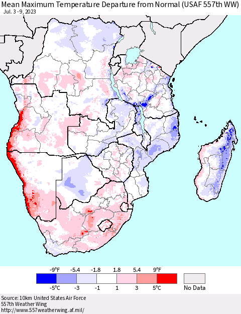 Southern Africa Mean Maximum Temperature Departure from Normal (USAF 557th WW) Thematic Map For 7/3/2023 - 7/9/2023