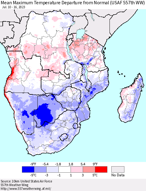 Southern Africa Mean Maximum Temperature Departure from Normal (USAF 557th WW) Thematic Map For 7/10/2023 - 7/16/2023