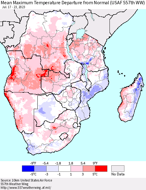 Southern Africa Mean Maximum Temperature Departure from Normal (USAF 557th WW) Thematic Map For 7/17/2023 - 7/23/2023